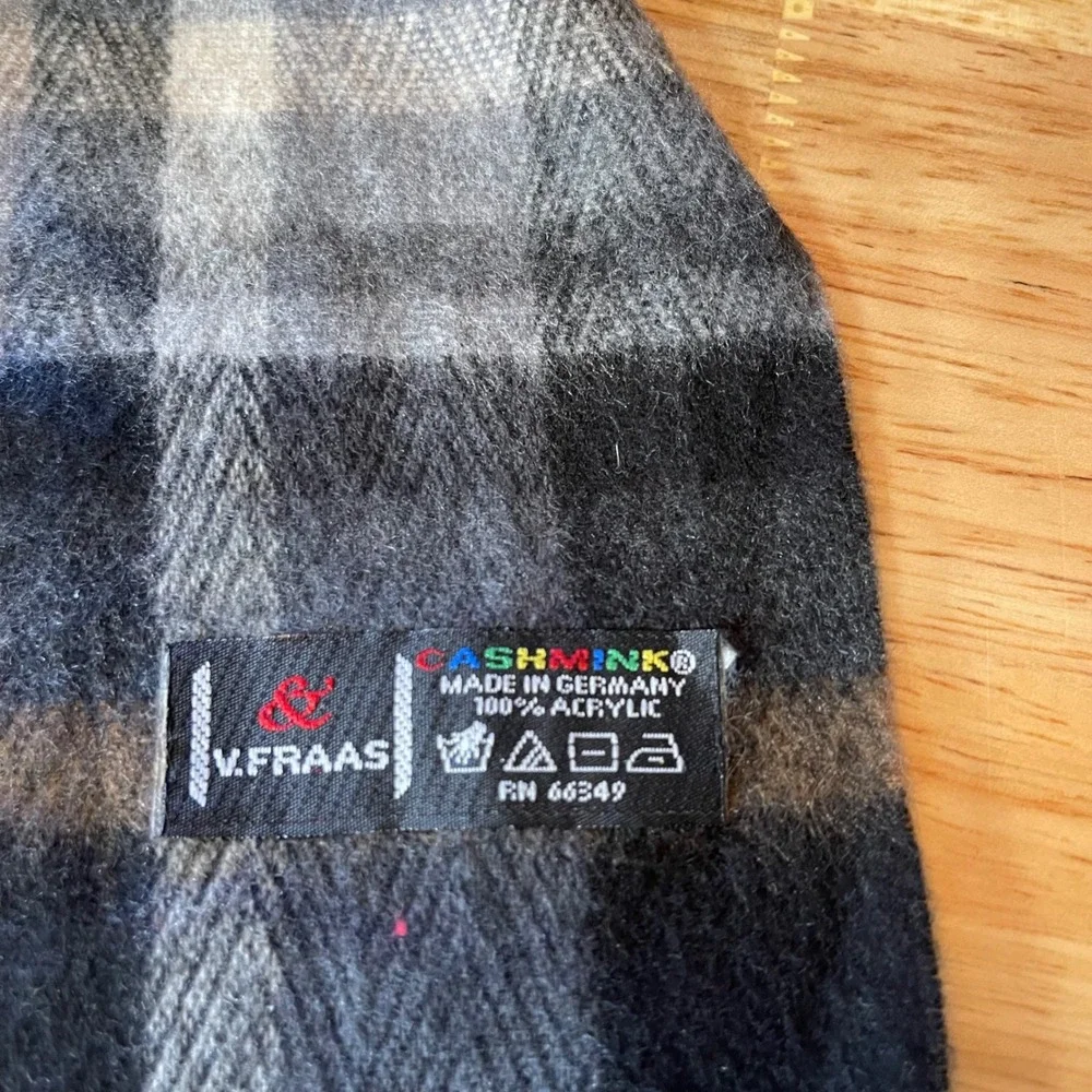 V. Fraas Cashmink Scarf Made in Germany Plaid Black Grey Tan Fringed Unisex